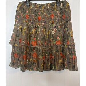 Carolina K Womens Mini Skirt Silk Smocked S Tiered Boho Floral Feminine‎ Ruffle